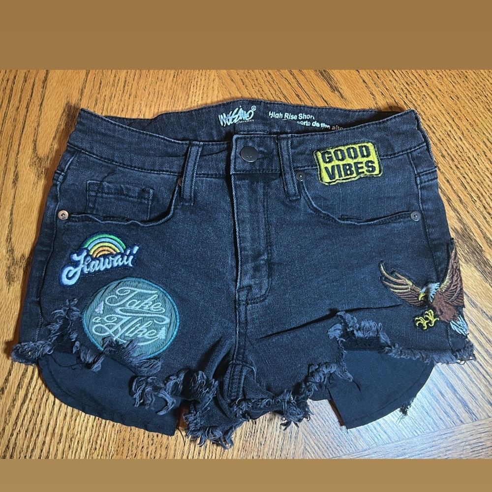 Black Patched Jean Shorts
